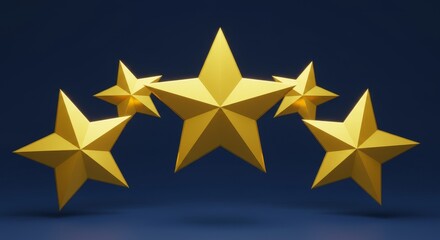 Obraz premium Five golden dimensional stars on dark blue background. Abstract rating concept for customer review, quality assessment, or award recognition.