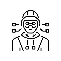 A person wearing a hardhat glasses and a hoodie with circuits next to their face