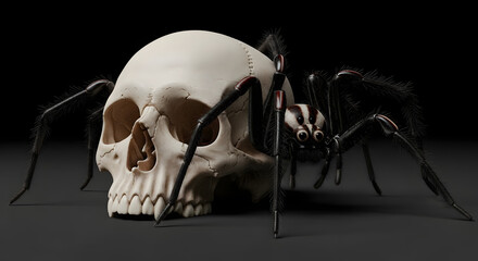 A terrifyingly realistic large black spider crawls over a human skull against a dark background, a chilling digital render of macabre horror