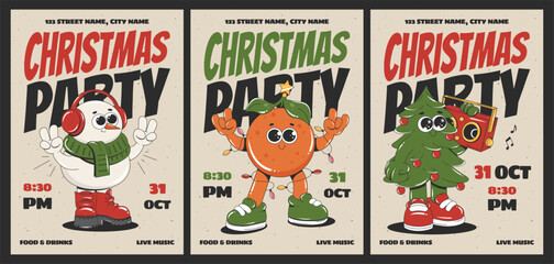 Obraz premium Groovy Christmas party invitation posters with retro cartoon characters. Christmas tree, Snowman, Tangerine. Flyer template design.