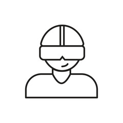 A person with VR goggles is depicted in a simple blackoutlined illustration