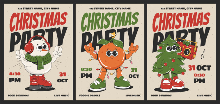 Groovy Christmas party invitation posters with retro cartoon characters. Christmas tree, Snowman, Tangerine. Flyer template design.