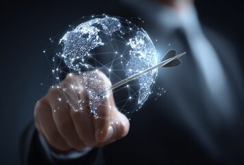 A suited figure points an arrow towards a digital globe formed by interconnected networks, symbolizing precision, global strategy, and focused targeting