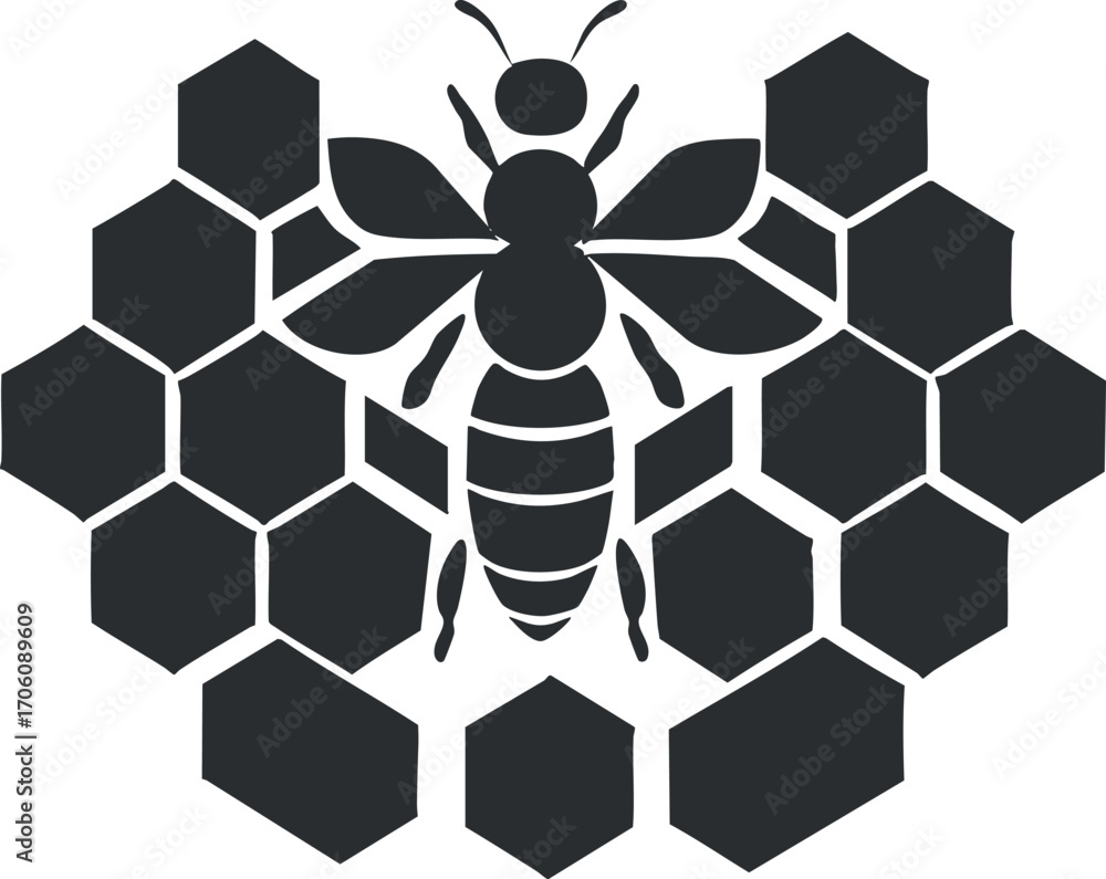 Poster a stylized graphic of a bee over a honeycomb pattern emphasizing nature and pollination.