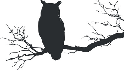 A striking silhouette of an owl perched on a branch against a white background.