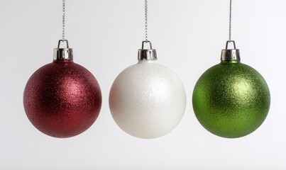 Three hanging Christmas ornaments, red, white and green, with silver caps and chains, in a row against a bright white background