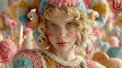 Fantasy portrait of a young woman surrounded by pastel sweets, featuring a whimsical, candy-themed hat and starry makeup.