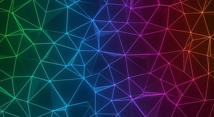 A vibrant polygonal mesh with a gradient of colors from green to red against a dark background