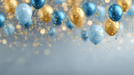 Colorful blue and gold balloons float among shimmering confetti in a lively setting, perfect for a joyous celebration or party atmosphere. The background complements the festive mood.