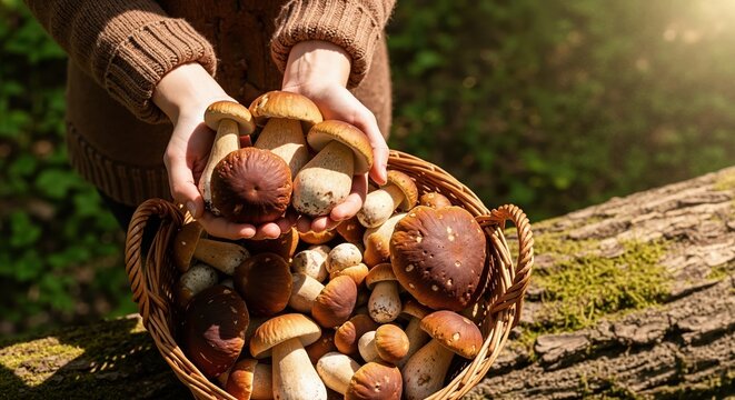 A woman's hands holding fresh porcini mushrooms over a wicker basket. Foraging for wild edible boletus in a sunlit autumn forest - Powered by Adobe