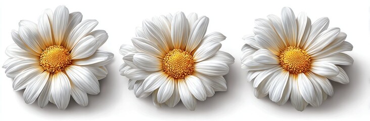 Obraz premium Three white daisies, each with a bright yellow center, arranged in a row on a white background, casting shadows