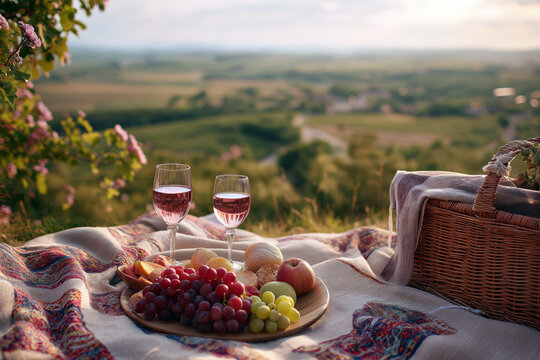 Romantic picnic with wine, fruits, and blanket on vineyard hill.