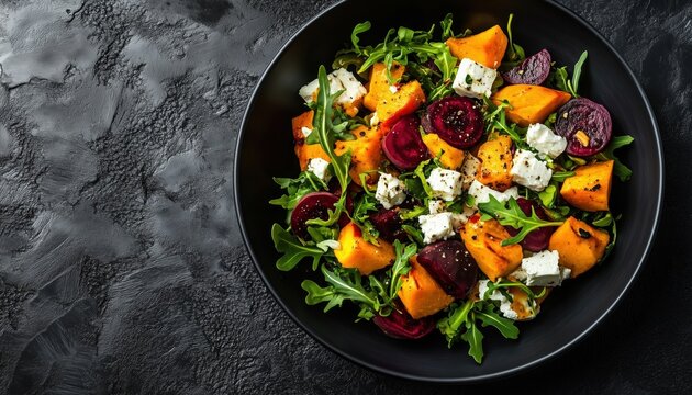 Top View Of Pumpkin Salad With Beetroot, Arugula, And Feta Cheese In A Black Bowl On Dark Grey Slate, Stone, Or Concrete. - Powered by Adobe