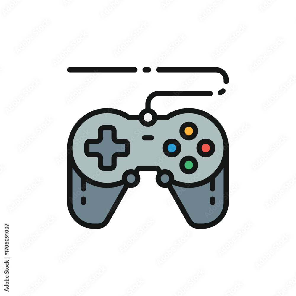 Poster a stylized wired game controller with a directional pad buttons and grips