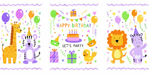 Cute cartoon animals celebrating a happy birthday with cake balloons and gifts
