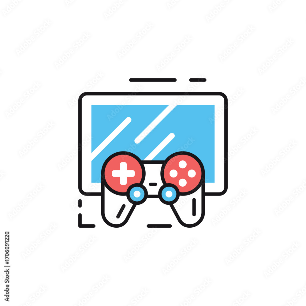 Poster a tablet with a game controller in front depicted in bright flat vector illustration style