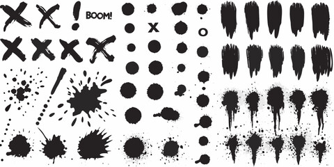 Collection of black ink splatter and brush stroke elements for design projects © Juel