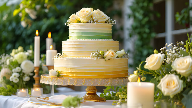 Elegant three-tier wedding cake adorned with flowers and candles in an outdoor garden setting celebration