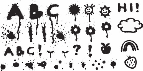 Hand drawn black ink splatter alphabet letters and cute childish doodles on white background