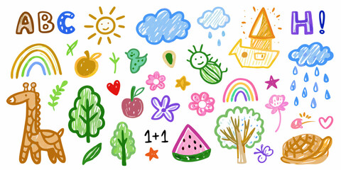Collection of hand drawn cute doodles of animals nature elements and educational symbols for children