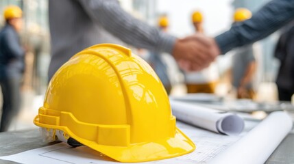 Construction workers engage in a handshake to solidify a partnership. A yellow hard hat and blueprints are prominently displayed on a table, indicating ongoing planning and teamwork.