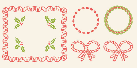 Hand drawn christmas elements featuring holly leaves candy cane borders wreaths and bows