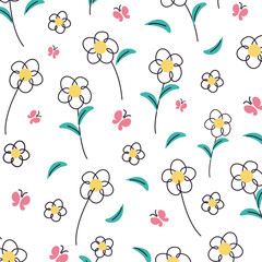 Seamless background gender neutral baby floral pattern. Simple whimsical minimal earthy 2 tone color. Kids nursery wallpaper or boho fashion all over print.
