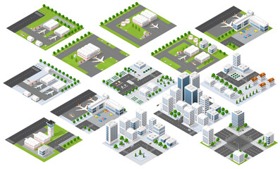 Set of isometric city and airport modules representing urban infrastructure