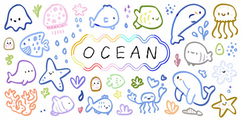Cute hand drawn ocean animals and sea life illustrations with the word ocean