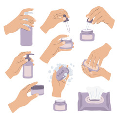 Collection of hands performing various skincare and personal hygiene routines, including applying creams, using soap, and opening cosmetic products.