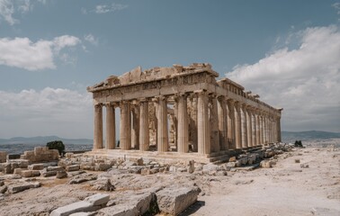 Obraz premium Ancient Greek ruins of a temple, partially collapsed, stands atop rocky terrain under a partly cloudy sky on a bright day