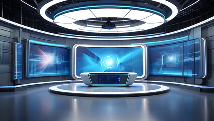 Futuristic news studio with large curved screens and a central desk