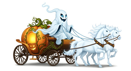 A cheerful cartoon ghost drives a magical pumpkin carriage pulled by spectral horses for a fun Halloween night
