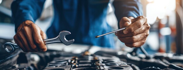 Automotive mechanic inspecting engine, holding wrench and dipstick, wearing blue uniform, in a workshop. Focused on machinery and hands