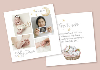 Baby announcement double sided card template with watercolor woodland elements, photo frame design, printable greeting for newborn