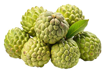 Fototapeta premium A cluster of ripe green custard apples with a single leaf isolated on transparent background