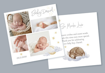 Baby double sided thank you card template with hand-painted watercolor moon, clouds and stars, printable greeting for newborn celebration