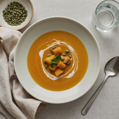 Cremige Kürbissuppe mit Hokkaido-Würfeln und Kürbiskernen stilvoll serviert auf gedecktem Tisch