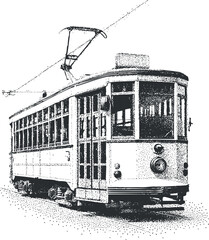 Vintage tram illustration showcasing classic transportation in urban settings and historical contexts.