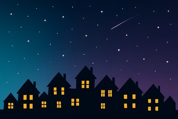 Silhouette of a tranquil neighborhood with warm glowing windows under a beautiful starry night sky. A peaceful cosmic vector illustration backdrop