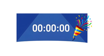 Zero Time Displayed on Blue Countdown Banner with Festive Confetti Popper