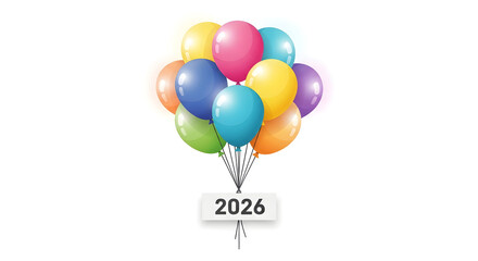 Colorful Celebratory Balloons with 2026 Tag on White Background