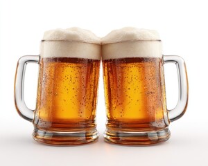 Two beer mugs filled with golden liquid and white foam, side-by-side against a white background, creating a celebratory, refreshing composition