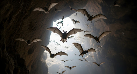A dramatic spectacle of a large colony of bats emerging from a dark, rocky cavern into the bright light of the cave entrance