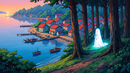 Serene coastal village at sunset, ethereal ghost figure in forest, whimsical cartoon style, peaceful mood.