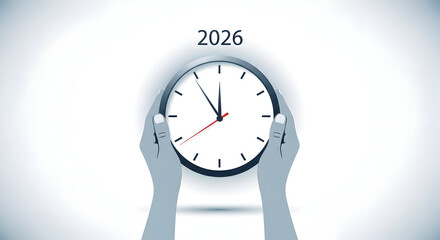 Hands Holding Clock with Year 2026 Representing Future Time