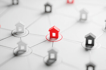A visually striking image depicting a network of houses, highlighting a single red house amidst a sea of gray ones, symbolizing focus or differentiation.