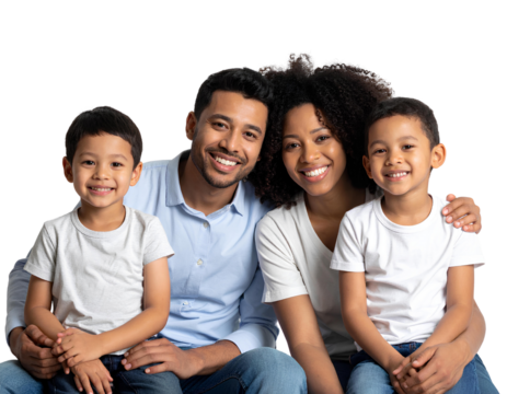 A family of four sitting together, smiling, against a plain on a transparent background.