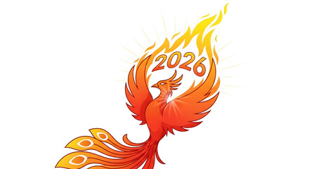 Fiery Phoenix Bird Flying Upward with 2026 in Flames