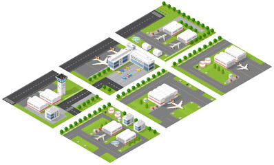 Isometric airport modules showing control tower, hangars, and airplanes